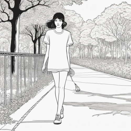 woman walking,girl walking away,walk,mono-line line art,walking,a pedestrian,mono line art,mari makinami,i walk,walk in a park,japanese woman,anime japanese clothing,shirakami-sanchi,girl in a long,pedestrian,sidewalk,animated cartoon,korean drama,go for a walk,to walk,Illustration,Black and White,Black and White 24