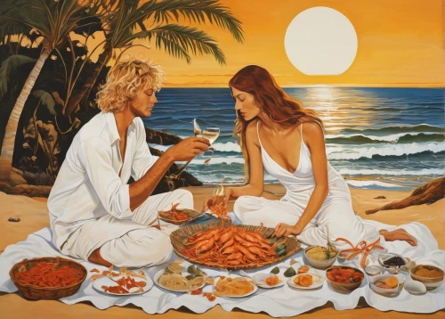 beach restaurant,romantic dinner,hawaiian food,coconuts on the beach,honeymoon,puerto rican cuisine,bahian cuisine,adam and eve,dinner for two,sancocho,young couple,coconut perfume,esquites,romantic scene,mediterranean cuisine,sicilian cuisine,sri lankan cuisine,costa rican cuisine,paella,fresh coconut,Illustration,Retro,Retro 21