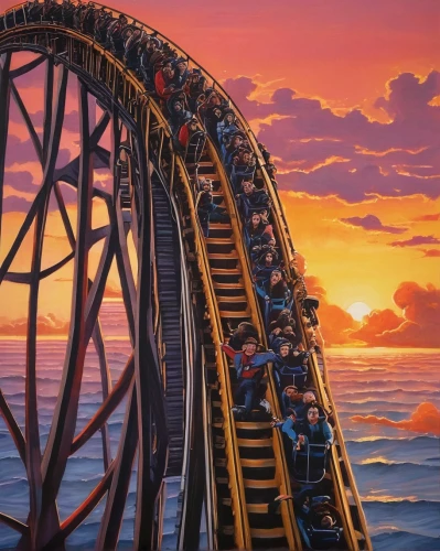 roller coaster,luna park,amusement park,coaster,amusement ride,tiger and turtle,california adventure,ferris wheel,coney island,santa monica pier,high wheel,saltburn,humpback bridge,theme park,whirl,prater,children's ride,guess,golden bridge,cyclone,Illustration,Realistic Fantasy,Realistic Fantasy 07