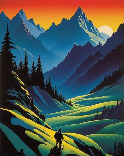 alpine sunset,travel poster,mountain scene,alpine crossing,ski touring,mountain sunrise,salt meadow landscape,ski mountaineering,mountain landscape,cascade mountain,skiers,mountain guide,mountaineers,the spirit of the mountains,alpine meadows,alpine route,alpine skiing,olympic mountain,high alps,mountainous landscape,Illustration,Vector,Vector 09