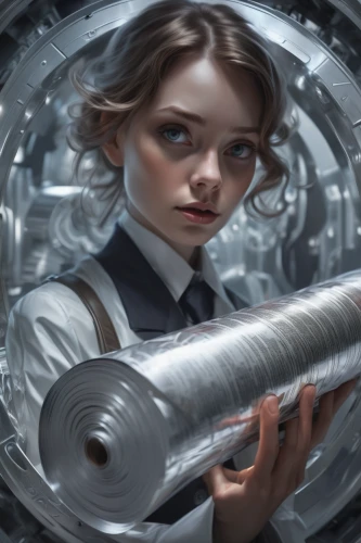 sci fiction illustration,girl with a wheel,girl with gun,mechanical,aluminum,steel,cog,socket wrench,cg artwork,girl with a gun,silver,aluminum tube,steel tube,iron pipe,metal pipe,chrome steel,cylinders,clockmaker,play escape game live and win,inventor,Conceptual Art,Fantasy,Fantasy 01