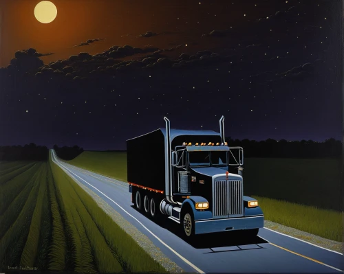 peterbilt,tractor trailer,trucker,18-wheeler,semi,night highway,trucking,truck driver,freight transport,truck stop,night scene,18 wheeler,semitrailer,semi-trailer,freight,road train,pin striping,halloween truck,nikola,truck,Art,Artistic Painting,Artistic Painting 30