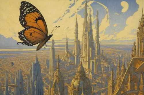 valerian,monarch,lepidoptera,lepidopterist,dali,metropolis,isolated butterfly,utopian,hesperia (butterfly),futuristic landscape,gatekeeper (butterfly),papilio,pilgrimage,euclid,venus comb,the imperial fritillary,dystopia,viceroy (butterfly),dune,dystopian,Illustration,Retro,Retro 01