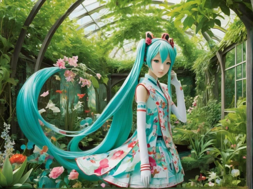 hatsune miku,miku,garden fairy,harp with flowers,green garden,garden swing,in the garden,blooming wreath,greenhouse cover,vocaloid,fiori,fairy peacock,girl in the garden,garden flower,garden of plants,greenhouse,gardening,flower fairy,flora,wreath of flowers,Photography,Fashion Photography,Fashion Photography 24