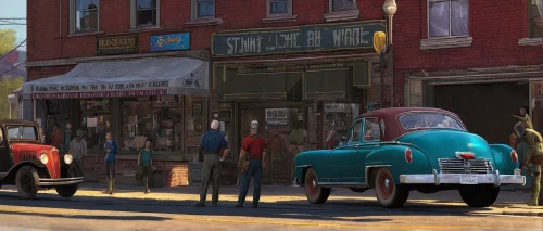 street scene,small towns,virginia city,vendors,route66,route 66,auto repair shop,chinatown,1955 montclair,the market,hotrods,greystreet,shopping street,flea market,1950's,rescue alley,cuba background,harlem,street cleaning,50s,Illustration,Realistic Fantasy,Realistic Fantasy 44