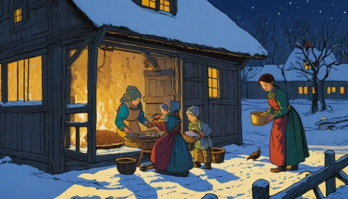 nordic christmas,carolers,christmas scene,carol singers,nativity,christmas manger,the occasion of christmas,nativity village,winter village,first advent,christmas carol,fourth advent,third advent,children's christmas,birth of christ,second advent,nativity scene,the holiday of lights,christmas banner,candlemas,Illustration,Retro,Retro 11