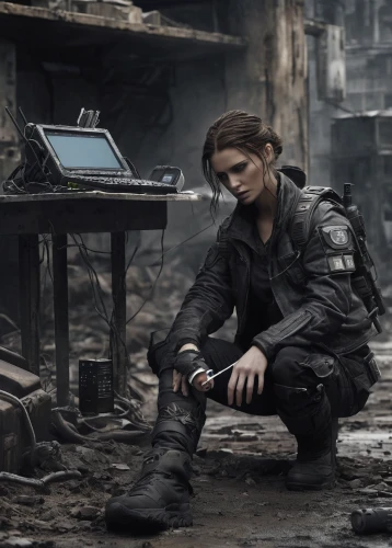 katniss,post apocalyptic,dystopian,lost in war,clary,drone operator,operator,cyberpunk,post-apocalypse,war correspondent,the fallen,apocalyptic,district 9,woman fire fighter,combat medic,man with a computer,technician,rubble,war zone,female doctor,Conceptual Art,Fantasy,Fantasy 33