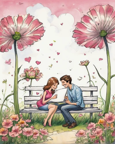 romantic scene,pink daisies,girl and boy outdoor,cute cartoon image,love in air,young couple,valentine clip art,romantic meeting,flower background,flower painting,pink floral background,romantic,picking flowers,pink flowers,romantic portrait,proposal,cartoon flowers,valentine frame clip art,as a couple,valentine's day clip art,Illustration,Abstract Fantasy,Abstract Fantasy 23