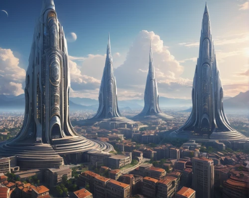 futuristic architecture,futuristic landscape,valerian,roof domes,fantasy city,minarets,towers,metropolis,city cities,skyscapers,ancient city,atlantis,spire,sky city,sky space concept,power towers,turrets,skyscraper town,urban towers,skyscrapers,Art,Classical Oil Painting,Classical Oil Painting 04