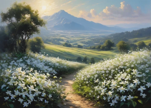 lilies of the valley,meadow landscape,lilly of the valley,salt meadow landscape,mountain meadow,landscape background,mountain landscape,blooming field,spring morning,fantasy landscape,mountain scene,alpine meadow,meadow in pastel,nature landscape,lily of the field,high landscape,lily of the valley,mountainous landscape,flower field,mount scenery,Conceptual Art,Fantasy,Fantasy 12
