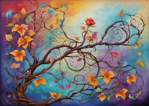 colorful tree of life,orange tree,flourishing tree,flower tree,tangerine tree,flower painting,autumn tree,persimmon tree,blossoming apple tree,falling flowers,autumn flower,orange blossom,oil painting on canvas,fruit tree,the branches of the tree,autumn decoration,boho art,autumn bouquet,strawberry tree,autumn background,Illustration,Abstract Fantasy,Abstract Fantasy 13