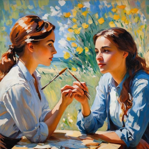 oil painting,oil painting on canvas,two girls,painting technique,art painting,young couple,young women,painting,romantic portrait,meticulous painting,braiding,italian painter,artists,fabric painting,flower painting,painter,oil on canvas,photo painting,knitting,mirror in the meadow,Conceptual Art,Oil color,Oil Color 10