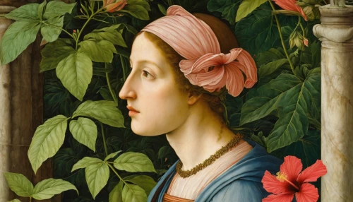 botticelli,girl in the garden,girl in a wreath,flora,girl in flowers,magnolia,girl picking flowers,lacerta,barberini,mandevilla,portrait of a girl,portrait of a woman,young woman,floral ornament,bonnet,andrea del verrocchio,woman's face,the hat of the woman,woman's hat,secret garden of venus,Art,Classical Oil Painting,Classical Oil Painting 34