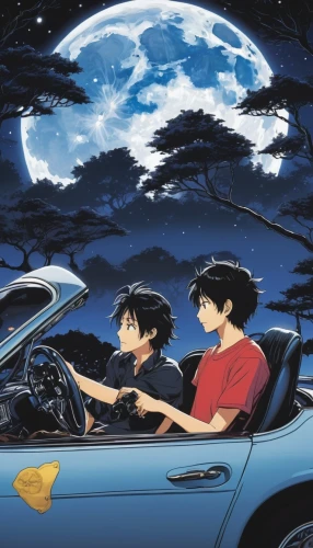 moon car,studio ghibli,drive,lunar,moons,clear night,blue moon,the moon and the stars,moon night,moonlight,detective conan,night highway,stargazing,tobacco the last starry sky,car roof,moon phase,big moon,moonlit night,the moon,the night sky,Illustration,Japanese style,Japanese Style 05