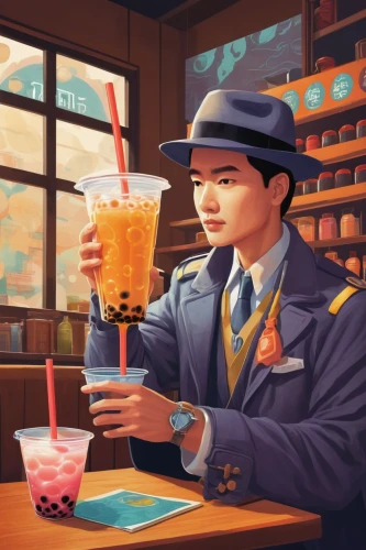 bubble tea,coffee tea illustration,soda shop,soda fountain,retro diner,boba milk tea,orange drink,sci fiction illustration,cold drink,coffee shop,thai iced tea,game illustration,milk tea,iced coffee,neon coffee,pearl milk tea,the coffee shop,ice lemon tea,iced tea,world digital painting,Illustration,American Style,American Style 12