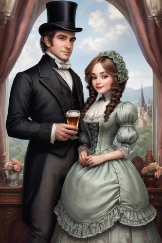man and wife,the victorian era,young couple,barmaid,romantic portrait,beer cocktail,jane austen,wedding couple,courtship,female alcoholism,newcastle brown ale,game illustration,vintage man and woman,gothic portrait,man and woman,victorian lady,apéritif,pub,husband and wife,drinking party,Illustration,Paper based,Paper Based 02