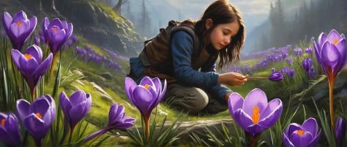 girl picking flowers,crocuses,crocus flowers,purple crocus,crocuss,spring crocus,flower painting,picking flowers,girl in flowers,crocus,saffron crocus,flower background,spring background,blue eyed grass,cretan crocus,girl praying,tommie crocus,violet flowers,fantasy picture,tulipan violet,Conceptual Art,Fantasy,Fantasy 12