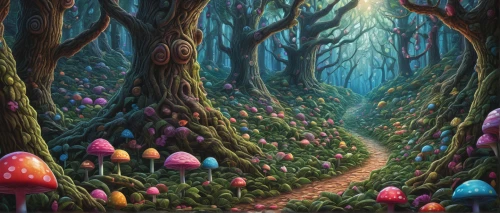 fairy forest,mushroom landscape,elven forest,enchanted forest,fairy village,fairytale forest,forest of dreams,cartoon forest,forest path,forest glade,fairy world,tree grove,forest floor,fairy house,druid grove,forest mushrooms,holy forest,forest landscape,the forest,pathway,Conceptual Art,Daily,Daily 23