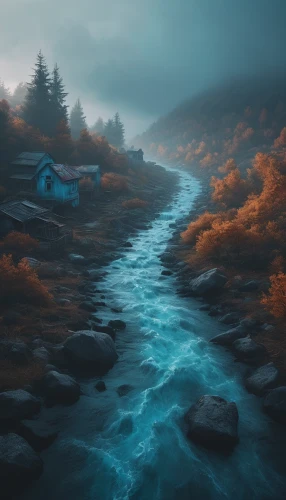 fantasy landscape,flowing creek,world digital painting,river landscape,streams,mountain stream,mountain river,lonely house,foggy landscape,flowing water,house in mountains,digital painting,rushing water,landscape background,a river,backwater,brook landscape,futuristic landscape,waterway,rapids,Photography,Documentary Photography,Documentary Photography 16