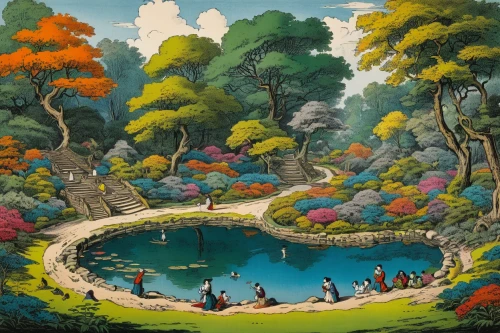 garden of eden,japanese garden,secret garden of venus,fairy world,garden pond,fairy village,lily pond,japan garden,lilly pond,happy children playing in the forest,brook landscape,robert duncanson,english garden,lotus pond,crescent spring,koi pond,shirakami-sanchi,garden of plants,wonderland,wishing well,Art,Classical Oil Painting,Classical Oil Painting 39