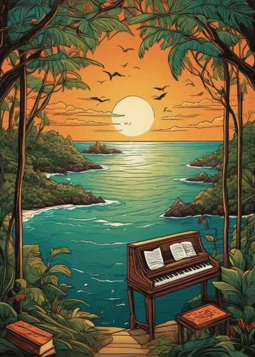 music chest,bench by the sea,wooden bench,concerto for piano,musical background,coastal landscape,bench,eventide,piano,evening lake,an island far away landscape,beach landscape,the piano,landscape background,boat landscape,sea landscape,pianet,hideaway,beach furniture,idyll,Illustration,Realistic Fantasy,Realistic Fantasy 45