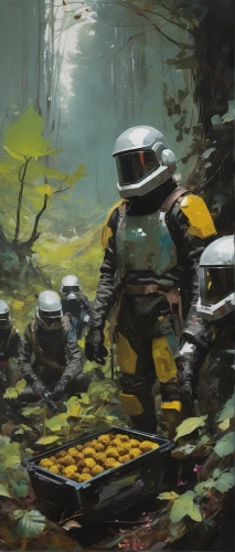 tau,patrols,beekeeper,beekeepers,shield infantry,mech,robot combat,fallout4,forest workers,fallout,concept art,robotics,scifi,mecha,beekeeping,game art,bee colony,colony,foragers,predators,Conceptual Art,Oil color,Oil Color 01