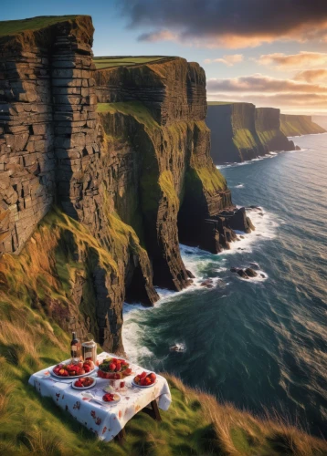 northern ireland,moher,ireland,faroe islands,orkney island,cliff of moher,irish meal,cliffs of moher,irish food,neist point,cliff top,isle of may,cliffs ocean,romantic dinner,antrim,red tablecloth,donegal,ireland berries,scotland,picnic,Conceptual Art,Daily,Daily 01