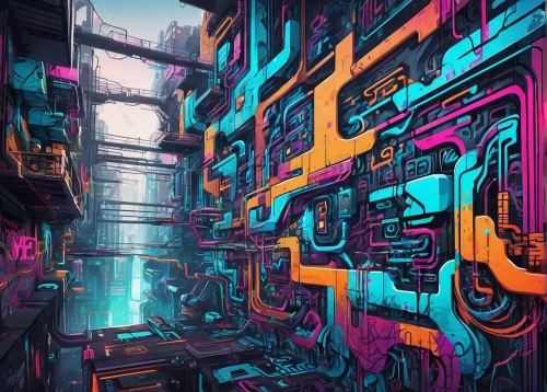 cyberpunk,fractal environment,cyber,colorful city,cyberspace,circuitry,computer art,maze,trip computer,cybernetics,panoramical,scifi,connections,fragmentation,dystopia,matrix,futuristic landscape,sci fiction illustration,circuit board,anomaly,Conceptual Art,Graffiti Art,Graffiti Art 07