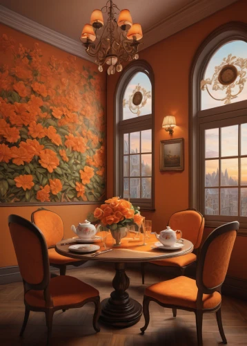 dining room,breakfast room,autumn decor,dining room table,autumn decoration,dining table,kitchen & dining room table,danish room,orange roses,seasonal autumn decoration,flower painting,interior decoration,breakfast table,interior decor,tearoom,window treatment,thanksgiving background,decorates,autumn theme,meticulous painting,Illustration,Realistic Fantasy,Realistic Fantasy 27