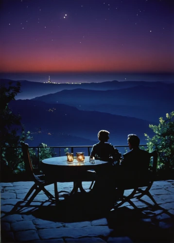 romantic dinner,romantic night,romantic scene,japan's three great night views,outdoor dining,outdoor table,dinner for two,overlook,alpine restaurant,blue ridge mountains,night scene,vintage couple silhouette,evening atmosphere,picnic table,stargazing,great smoky mountains,placemat,romantic meeting,night image,romantic,Photography,Documentary Photography,Documentary Photography 15