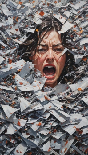 anxiety disorder,wall of tears,frustration,helplessness,shattered,anxiety,overwhelmed,distress,confetti,stressed woman,rage,psychiatry,spatter,turmoil,crisis,paper shredder,stock market collapse,torn paper,anguish,recycling criticism,Conceptual Art,Oil color,Oil Color 05