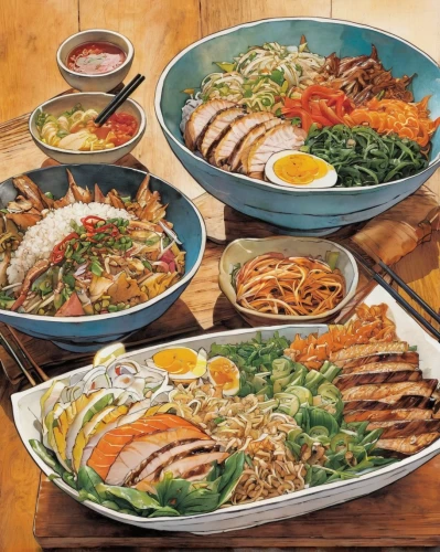 bibimbap,noodle bowl,korean cuisine,korean chinese cuisine,tibetan bowls,filipino cuisine,vietnamese cuisine,feast noodles,huaiyang cuisine,korean royal court cuisine,indonesian dish,rice bowl,laotian cuisine,japanese cuisine,japanese food,korean food,salad plate,okinawan cuisine,asian cuisine,burmese food,Illustration,American Style,American Style 04