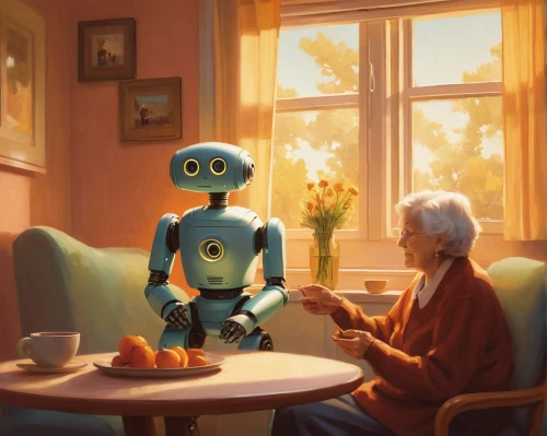 old couple,soft robot,grandparents,robots,sci fiction illustration,old human,robotics,old age,smarthome,robotic,retirement home,robot,conversation,artificial intelligence,chatting,droid,companion,grandmother,droids,grandparent,Conceptual Art,Daily,Daily 12