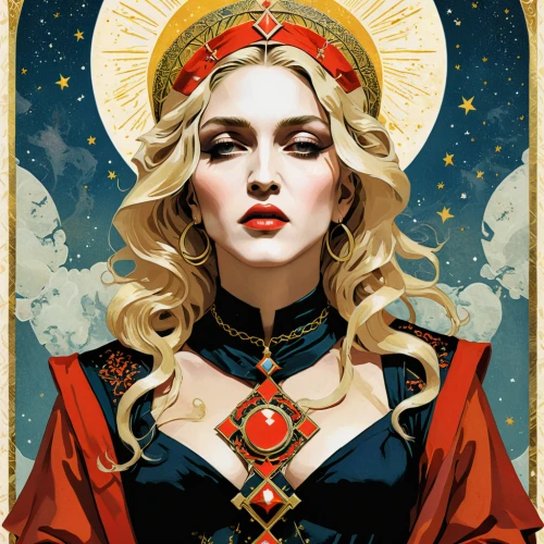 madonna,priestess,scarlet witch,tarot,sorceress,star mother,zodiac sign libra,the prophet mary,queen of hearts,goddess of justice,jessamine,queen of the night,tarot cards,athena,seven sorrows,mary-gold,zodiac sign gemini,the zodiac sign pisces,sacred art,deity,Illustration,Realistic Fantasy,Realistic Fantasy 12