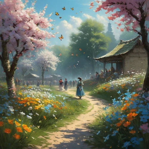 japanese sakura background,sakura background,spring background,springtime background,sakura trees,spring blossoms,spring morning,the cherry blossoms,violet evergarden,studio ghibli,sakura tree,blooming field,sakura blossoms,sakura blossom,spring blossom,spring bloom,blue birds and blossom,in the spring,cherry blossoms,sea of flowers,Conceptual Art,Fantasy,Fantasy 12