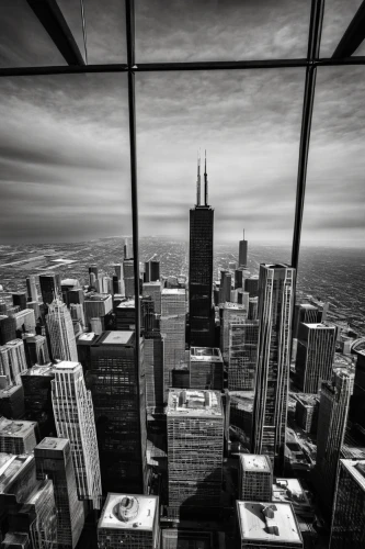 willis tower,sears tower,chicago skyline,chicago,the observation deck,observation deck,tall buildings,above the city,chicago night,skyscapers,blackandwhitephotography,city scape,glass panes,window washer,skycraper,glass wall,glass roof,from the top,sky city tower view,viewpoint,Photography,Black and white photography,Black and White Photography 01