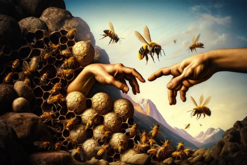 flying seeds,swarm of bees,bee colony,beekeepers,wasps,beekeeping,photo manipulation,migration,honey bee home,hive,bees,stingless bees,bee colonies,honey bees,bee hive,swarm,insects,pollinate,fairies aloft,surrealism
