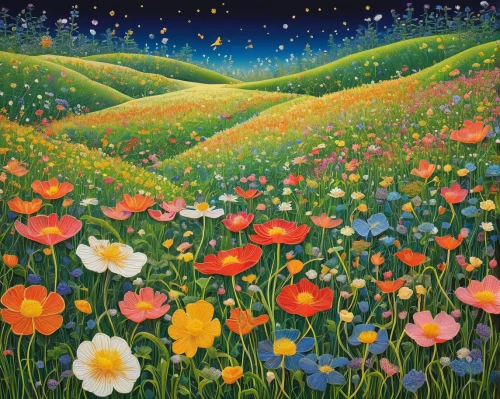 flower meadow,wildflower meadow,flower field,blooming field,spring meadow,flowering meadow,cosmos field,summer meadow,flowers field,field of flowers,meadow in pastel,dandelion meadow,blanket of flowers,meadow landscape,dandelion field,poppy field,poppy fields,meadow flowers,daffodil field,tulip field,Illustration,Japanese style,Japanese Style 20