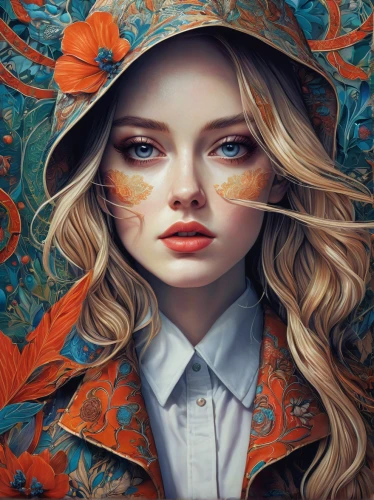 fantasy portrait,mystical portrait of a girl,girl in flowers,kahila garland-lily,fantasy art,eglantine,autumn theme,masquerade,illustrator,orange blossom,orange rose,boho art,orange petals,flora,portrait background,world digital painting,vanessa (butterfly),tiger lily,autumn icon,girl in a wreath,Illustration,Abstract Fantasy,Abstract Fantasy 04