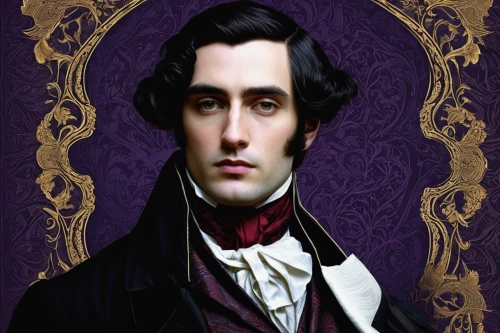 portrait background,robert harbeck,the victorian era,thomas heather wick,abraham lincoln,downton abbey,charles,william,hamilton,holmes,james sowerby,lincoln blackwood,gothic portrait,victorian,sherlock holmes,chopin,napoleon,paisley digital background,purple background,napoleon iii style,Illustration,Realistic Fantasy,Realistic Fantasy 05