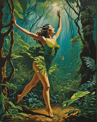 ballerina in the woods,tarzan,hula,world digital painting,oil painting on canvas,poison ivy,throwing leaves,dancer,fantasia,rusalka,water nymph,woman playing,dancers,fae,girl with tree,radha,oil painting,dryad,faerie,fantasy picture,Art,Artistic Painting,Artistic Painting 20