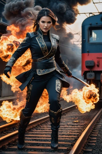woman fire fighter,katniss,digital compositing,railroad engineer,railroad,photoshop manipulation,mulan,railroad crossing,photo manipulation,freight train,free fire,fire master,fire fighter,through-freight train,fire background,railroad track,photomanipulation,the girl at the station,action-adventure game,bullet train,Photography,General,Fantasy