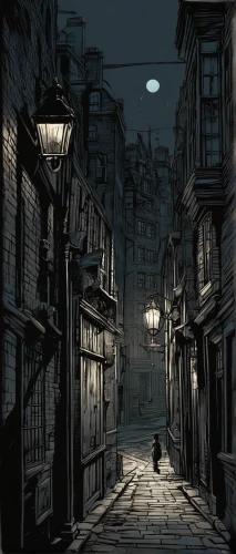 alleyway,blind alley,night scene,old linden alley,lamplighter,the cobbled streets,gas lamp,narrow street,alley,street lamps,medieval street,street lamp,iron street lamp,street lights,street light,streetlight,nightlight,alley cat,ghost town,nocturnes,Illustration,Black and White,Black and White 08