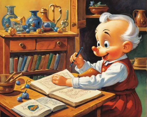 geppetto,pinocchio,reading magnifying glass,caricaturist,hans christian andersen,meticulous painting,painting technique,popeye,vintage illustration,illustrator,child with a book,recipe book,old cooking books,writing-book,watchmaker,magnifying glass,cookery,donald duck,childrens books,book illustration,Illustration,Retro,Retro 18