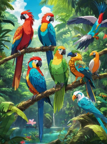 tropical birds,macaws,colorful birds,macaws of south america,macaws blue gold,parrots,rare parrots,blue macaws,sun conures,bird kingdom,bird bird kingdom,couple macaw,birds on a branch,toucans,tropical bird climber,macaw,passerine parrots,birds on branch,rainbow lorikeets,edible parrots,Illustration,Japanese style,Japanese Style 03