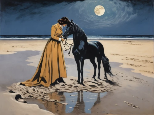 man and horses,rem in arabian nights,arabian horses,black horse,horseman,arabian horse,horse herder,two-horses,horsemanship,camelride,mare and foal,horseback,bay horses,romantic scene,riderless,honeymoon,andalusians,lover's grief,oil painting on canvas,moon phase,Illustration,Black and White,Black and White 25