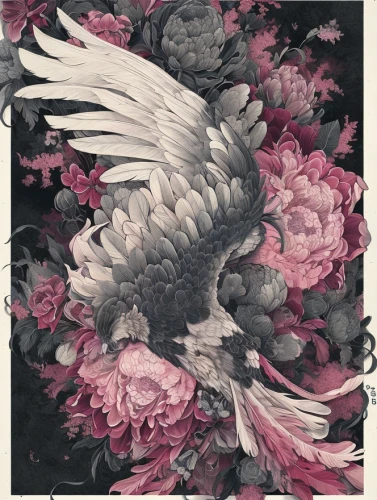 flower and bird illustration,peony,feather carnation,peonies,watercolor bird,floral and bird frame,bird flower,bird illustration,doves of peace,pink and grey cockatoo,bird painting,doves and pigeons,japanese floral background,peony pink,fallen petals,ornamental bird,eagle illustration,floral composition,corvidae,doves