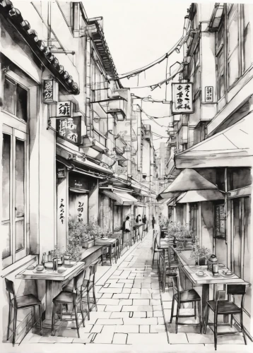 narrow street,watercolor tea shop,bukchon,souk,street cafe,alleyway,street scene,watercolor shops,watercolor cafe,mono-line line art,old city,the cobbled streets,alley,game drawing,old town,townscape,kowloon city,motomachi,hanoi,pencil and paper,Illustration,Paper based,Paper Based 30