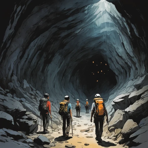caving,miners,cave tour,lava tube,forest workers,mining,speleothem,mountaineers,guards of the canyon,exploration,glacier cave,mountain rescue,crypto mining,gold mining,chasm,underground,ice cave,pit cave,gerlitz glacier,miner,Illustration,Paper based,Paper Based 07