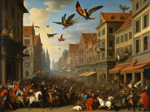 a flock of pigeons,pigeon flight,hunting scene,the pied piper of hamelin,the carnival of venice,pigeon flying,feral pigeons,flemish,pigeons and doves,doves and pigeons,medieval market,large market,feathered race,carpaccio,passerine parrots,commerce,st martin's day goose,the market,animal migration,bellini,Art,Classical Oil Painting,Classical Oil Painting 37